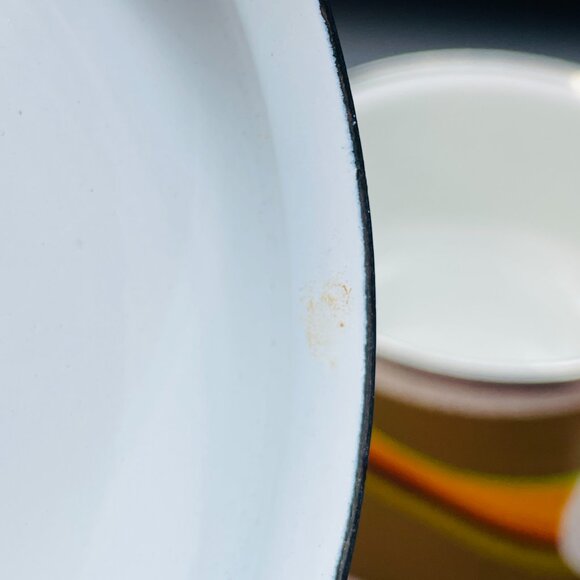 70s Kaki Green Orange Waves Enamel Fondue Pot with Lid Vintage Saucepan - Picture 9 of 10